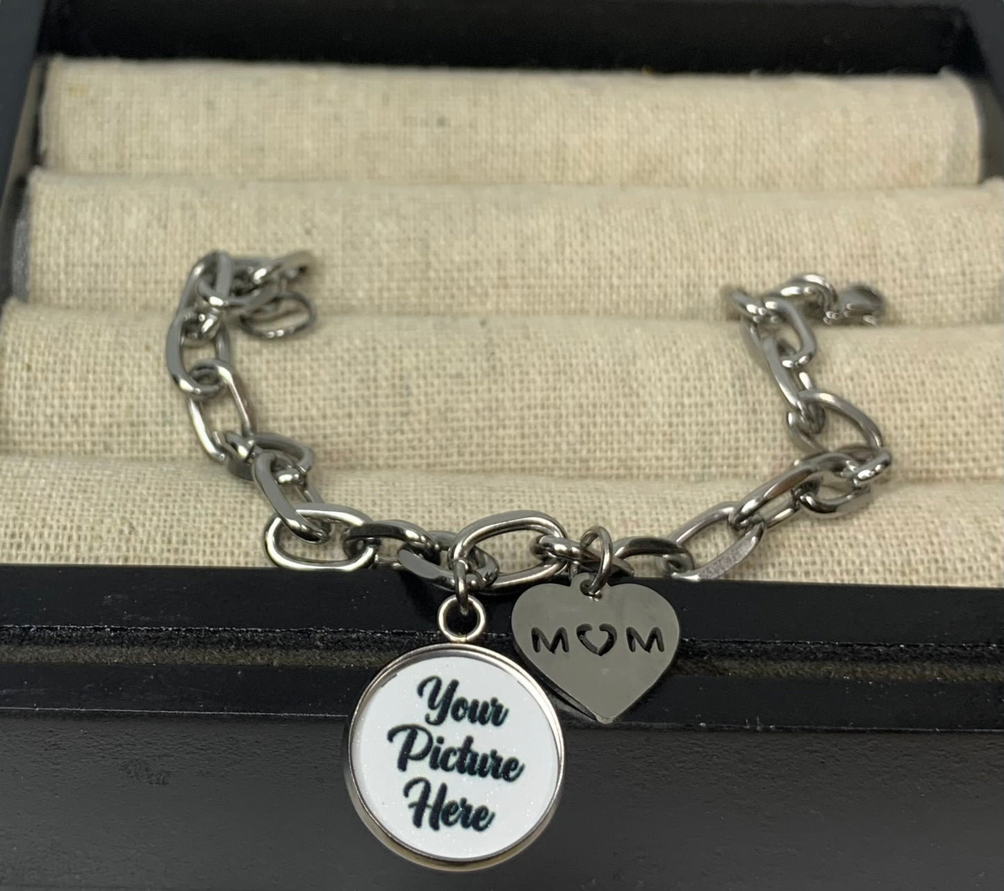 Mom heart photo charm bracelet