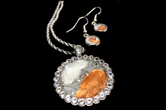 Pearl, Silver And Copper Resin Pendant Set