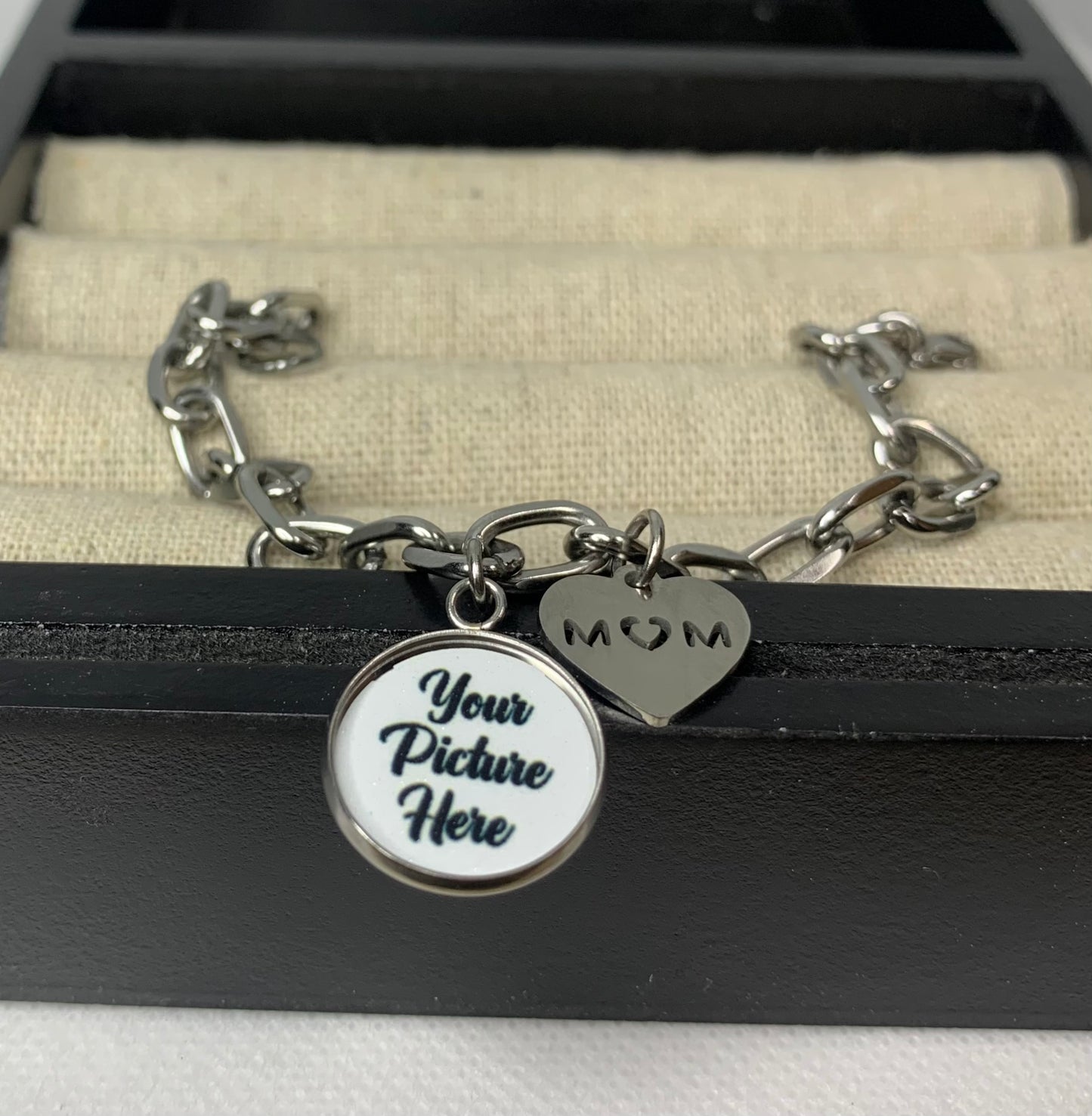 Mom heart photo charm bracelet
