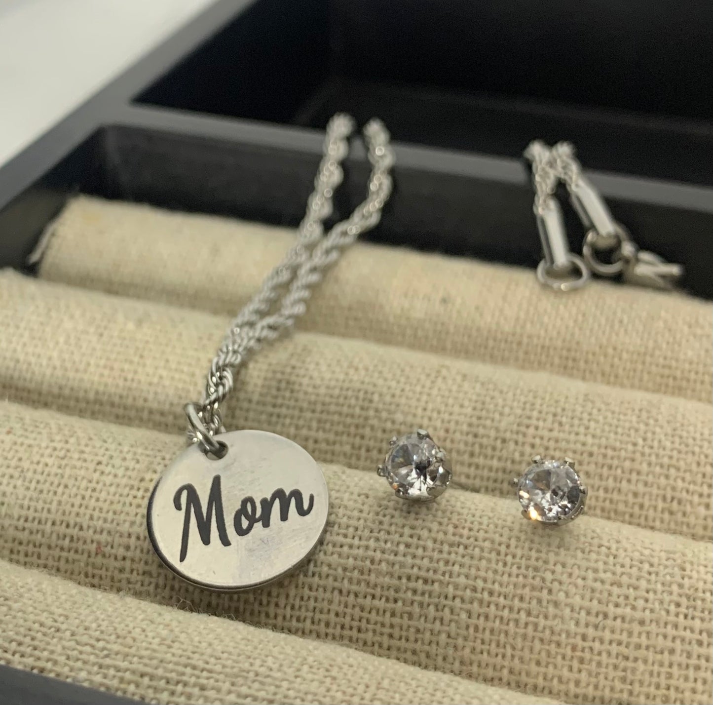 Mom charm necklace & CZ studs