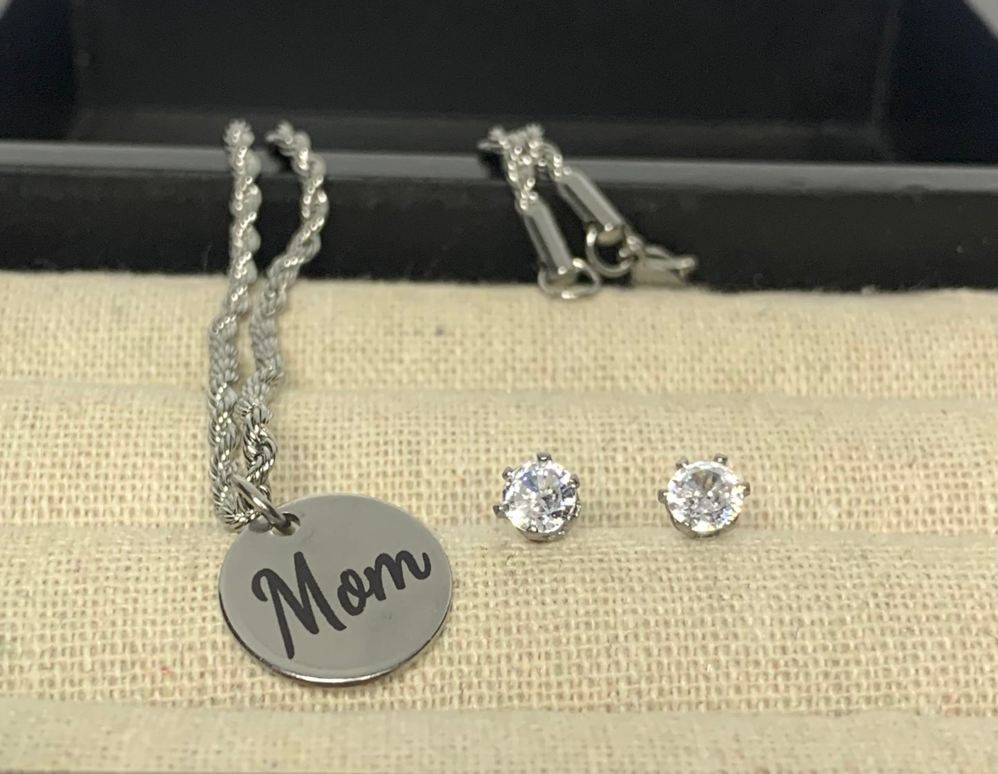 Mom charm necklace & CZ studs