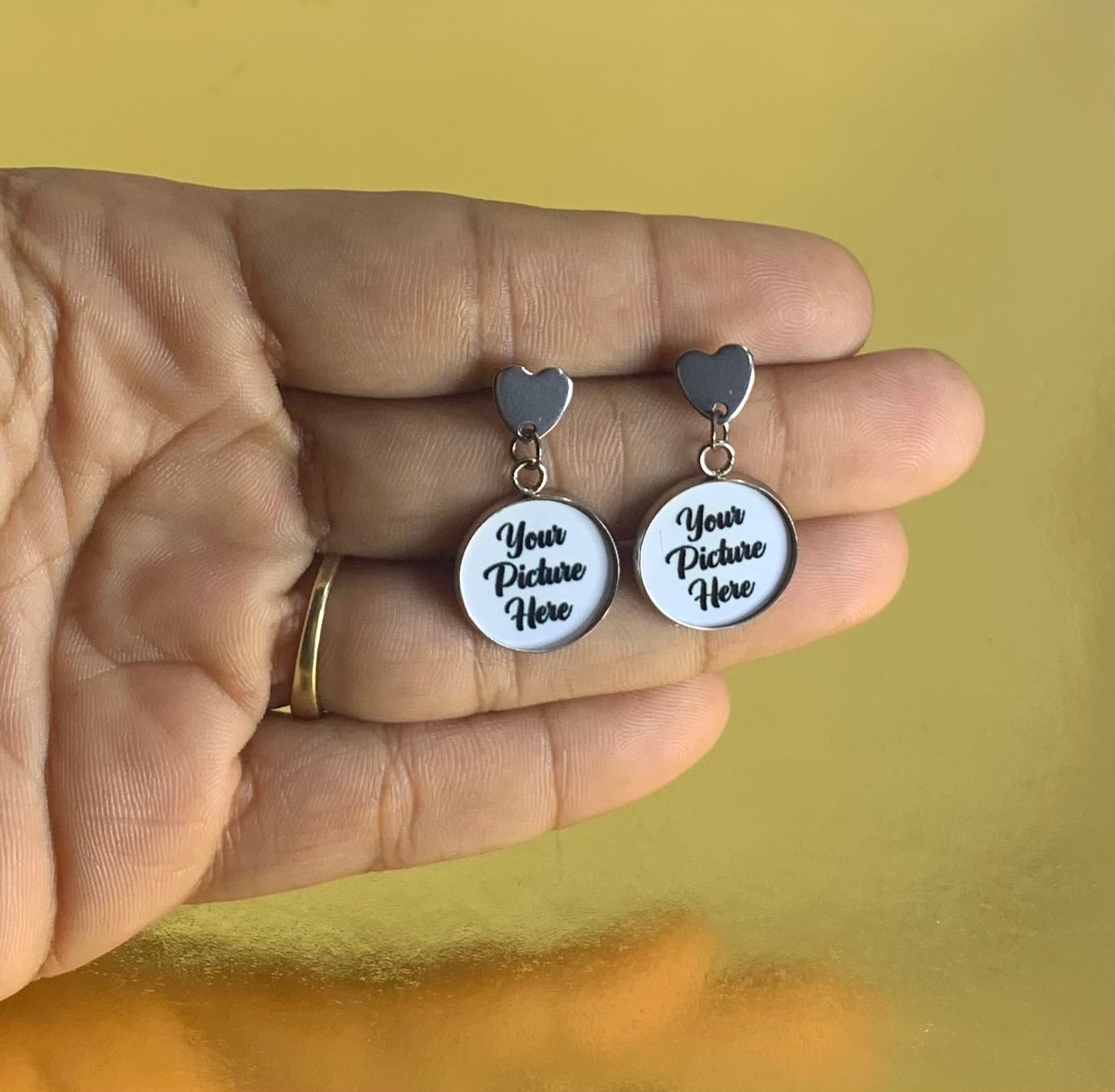 Photo earrings with heart shaped studs
