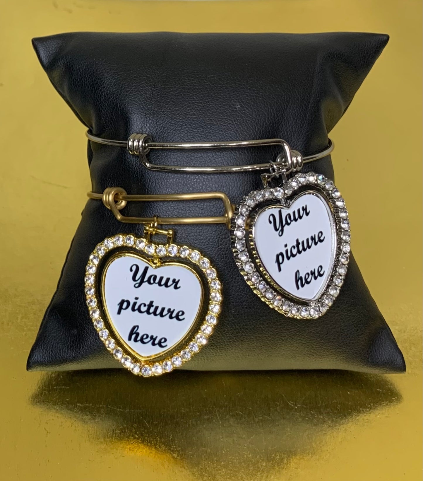 Adjustable bangle bracelet with spinning heart photo charm