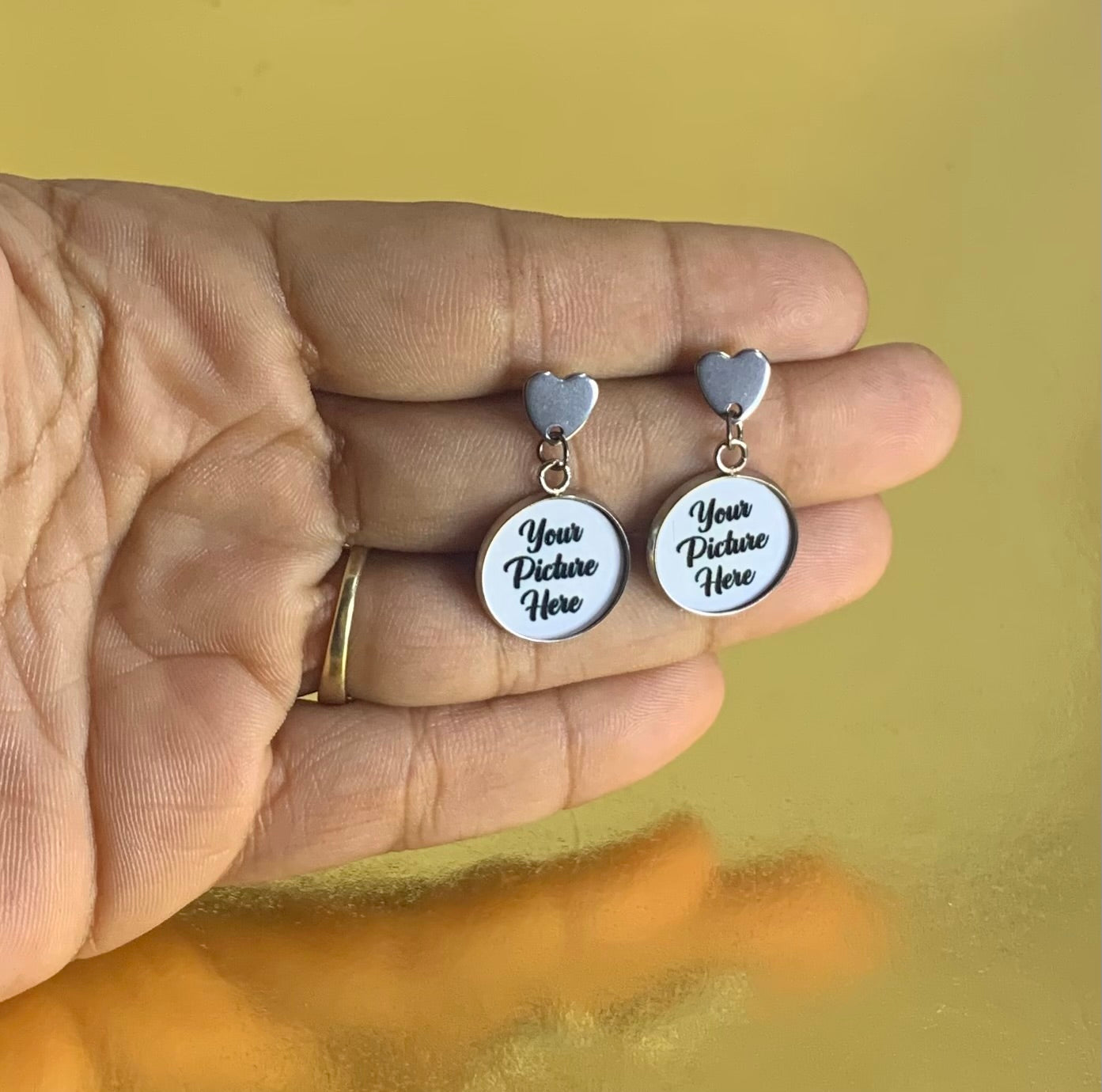 Photo earrings with heart shaped studs