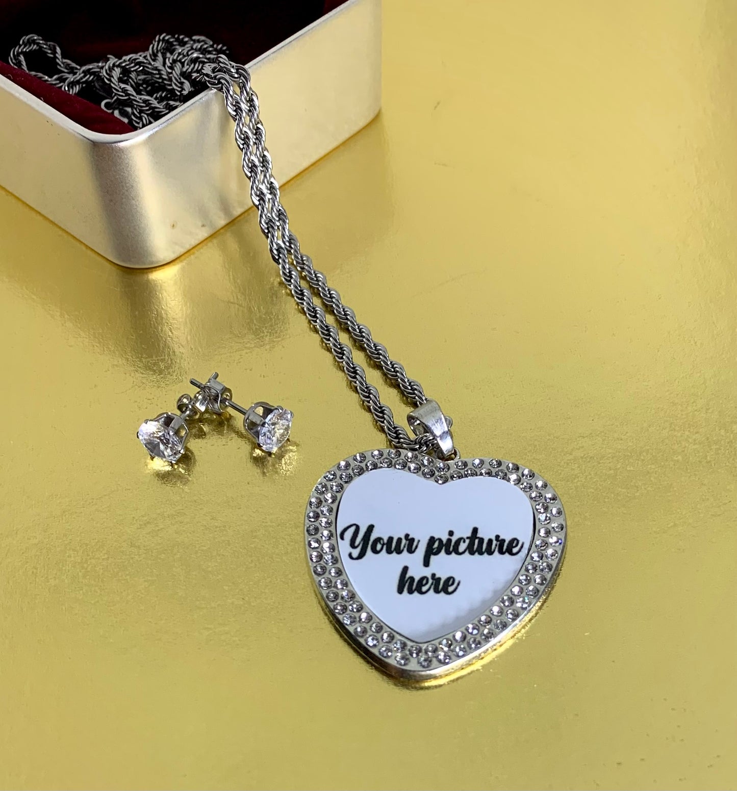 CZ studs & photo necklace set