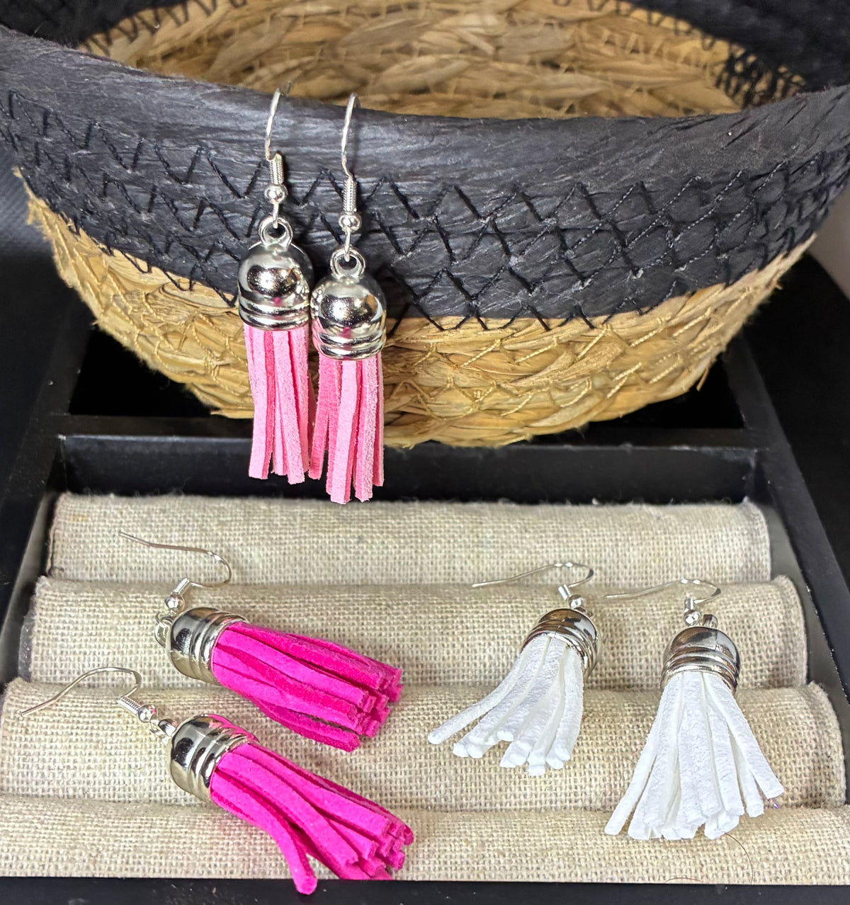 Pink & white tassel earring set