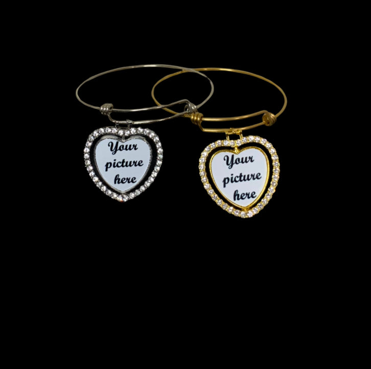 Adjustable bangle bracelet with spinning heart photo charm