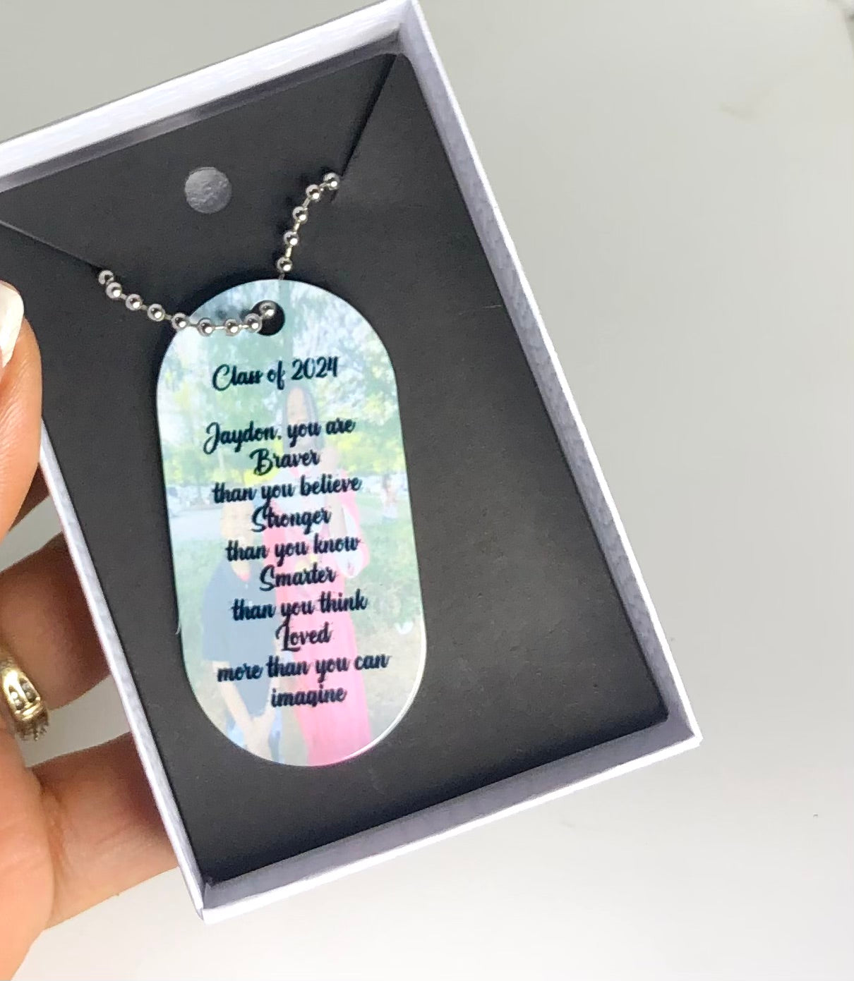Custom graduate dog tag necklace