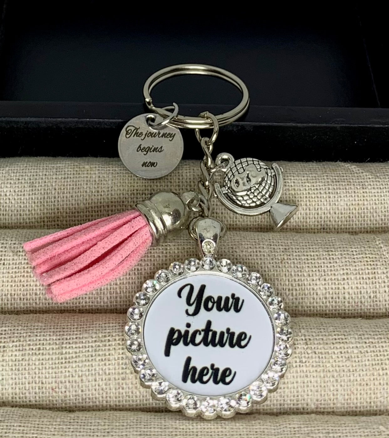 The journey begins now rhinestone keychain