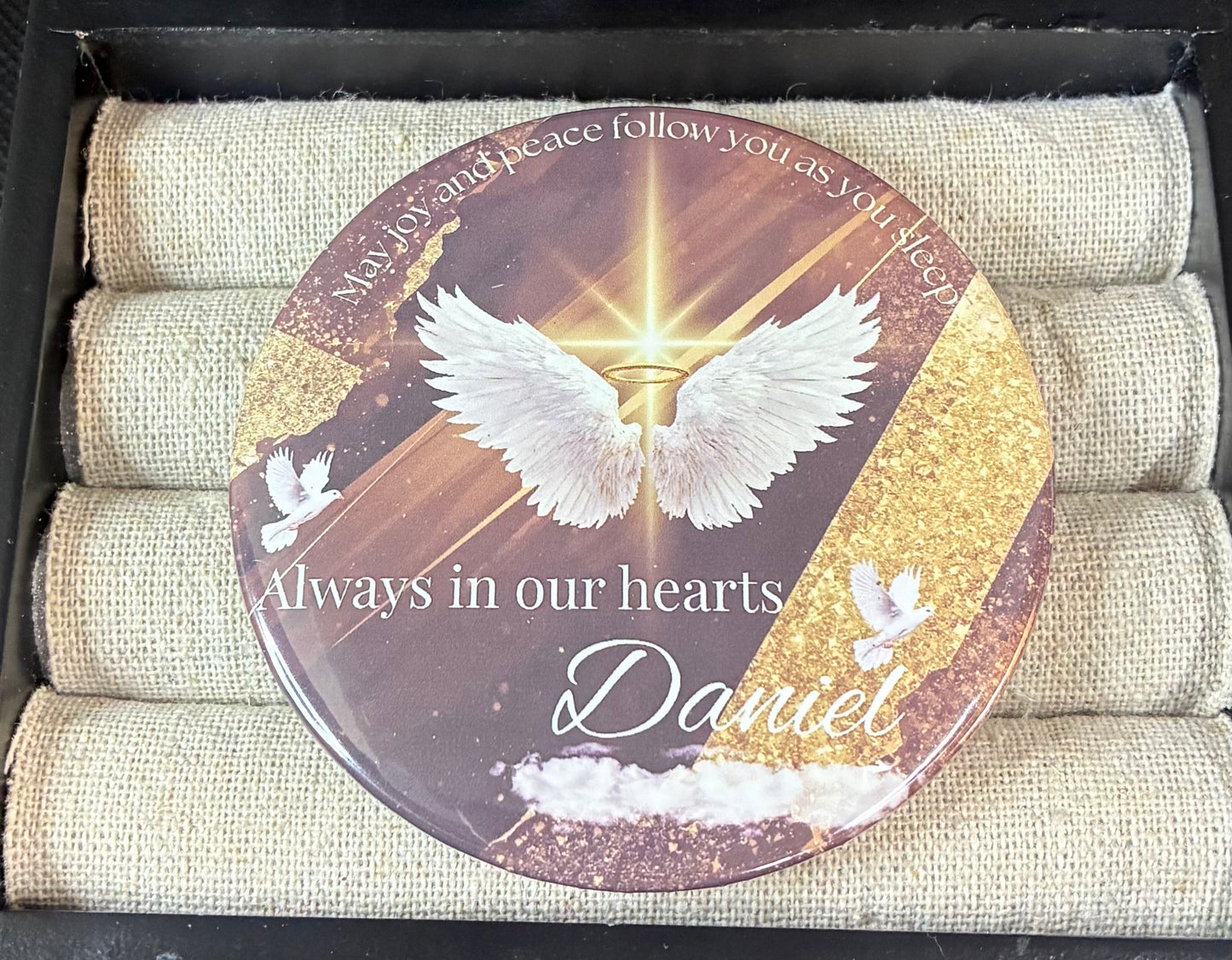 Brown and gold memorial funeral button