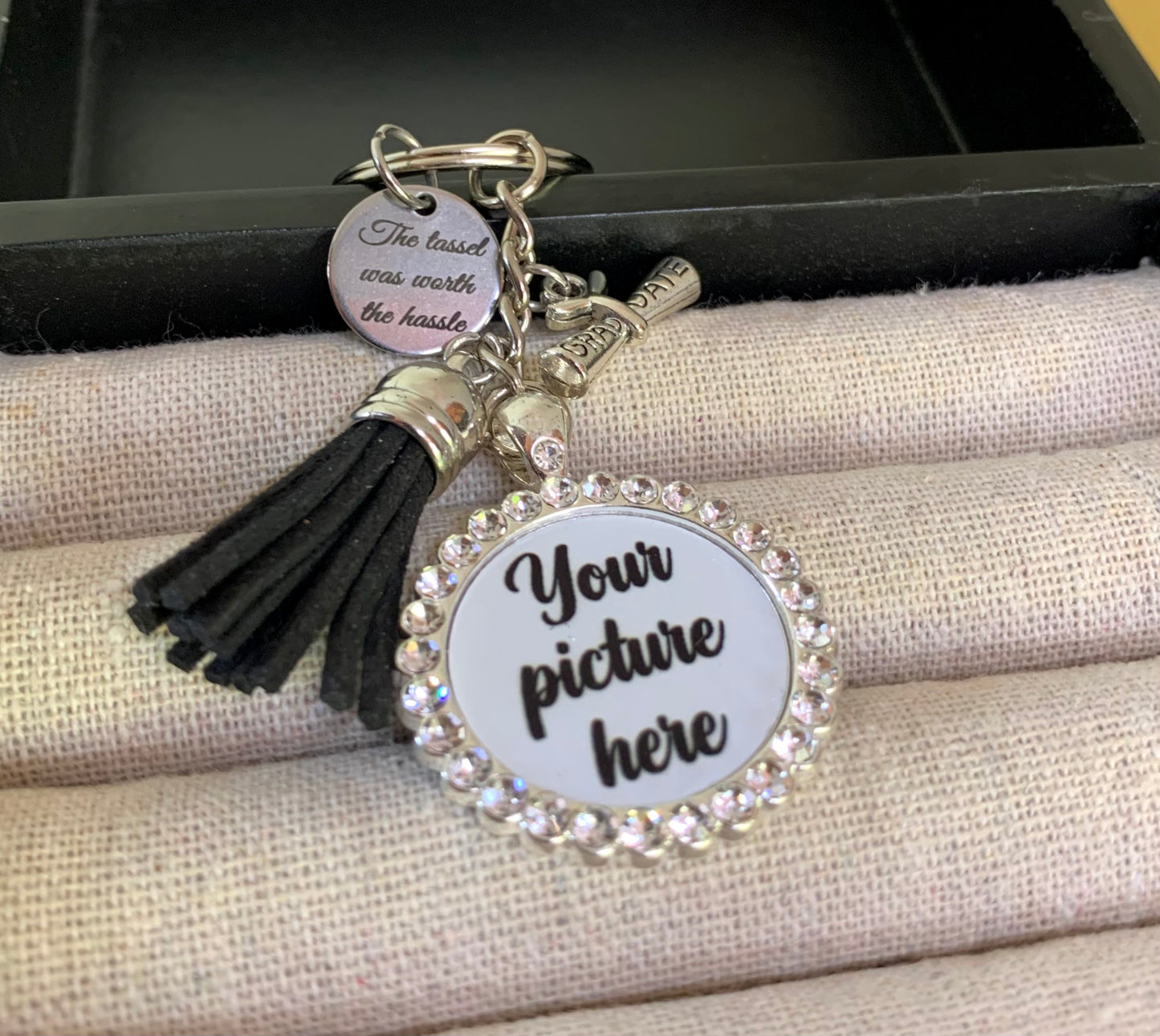 The tassel was worth the hassle rhinestone keychain