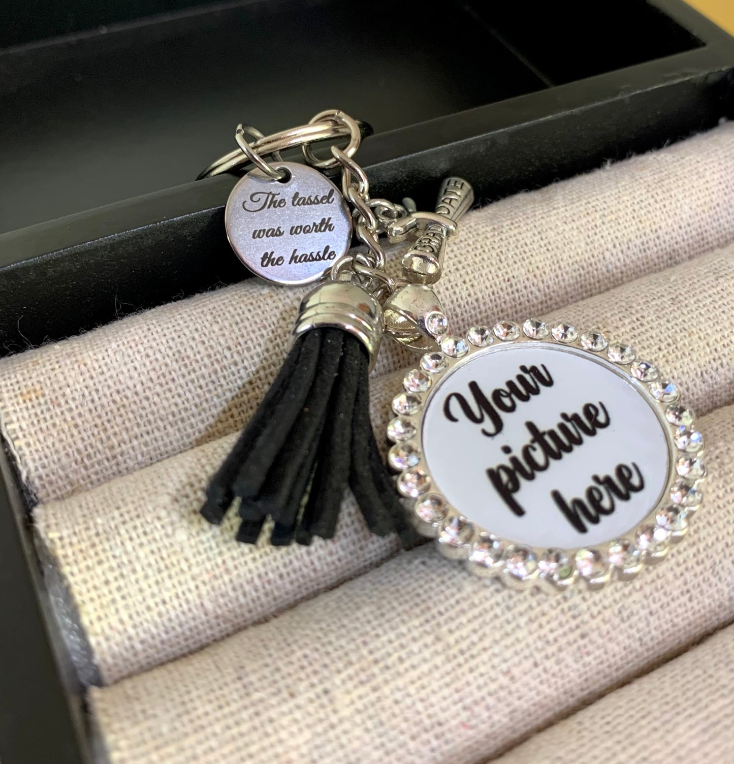 The tassel was worth the hassle rhinestone keychain