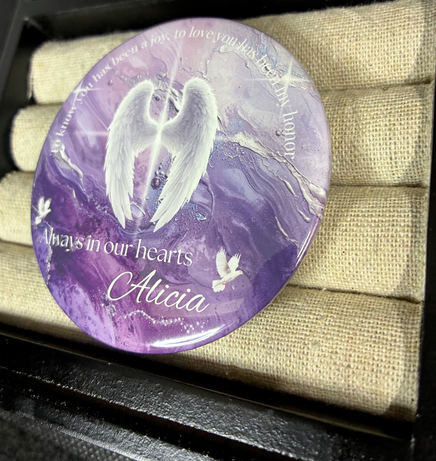 Purple and white memorial funeral button