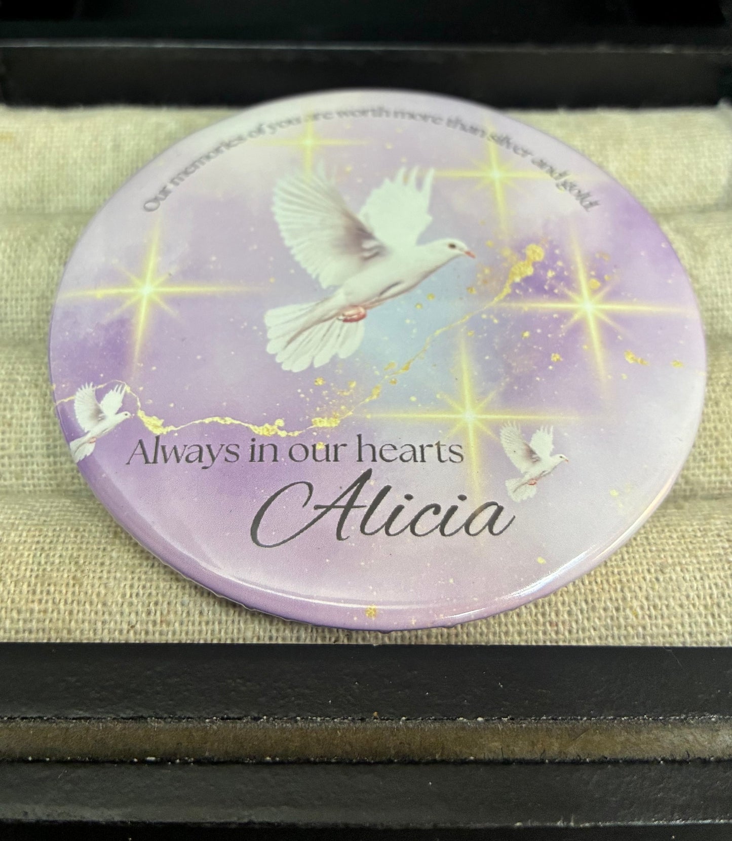 Purple and gold memorial funeral button