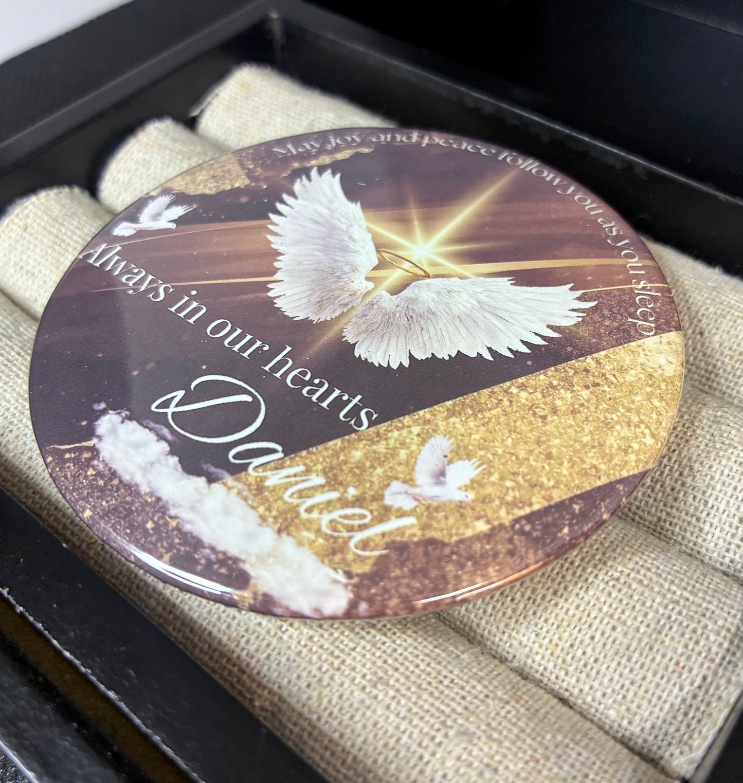 Brown and gold memorial funeral button