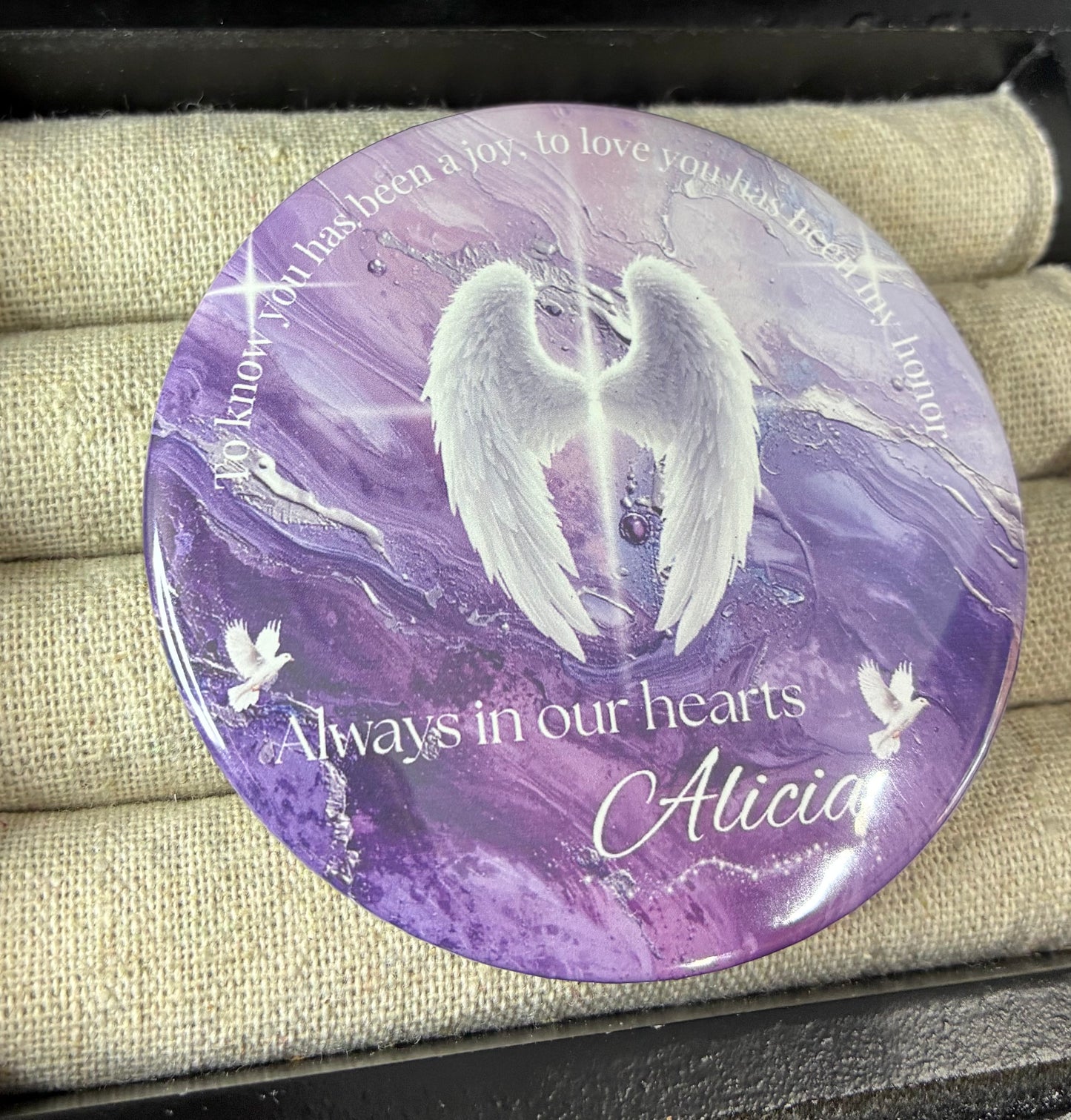 Purple and white memorial funeral button