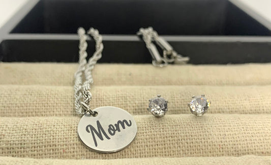 Mom charm necklace & CZ studs