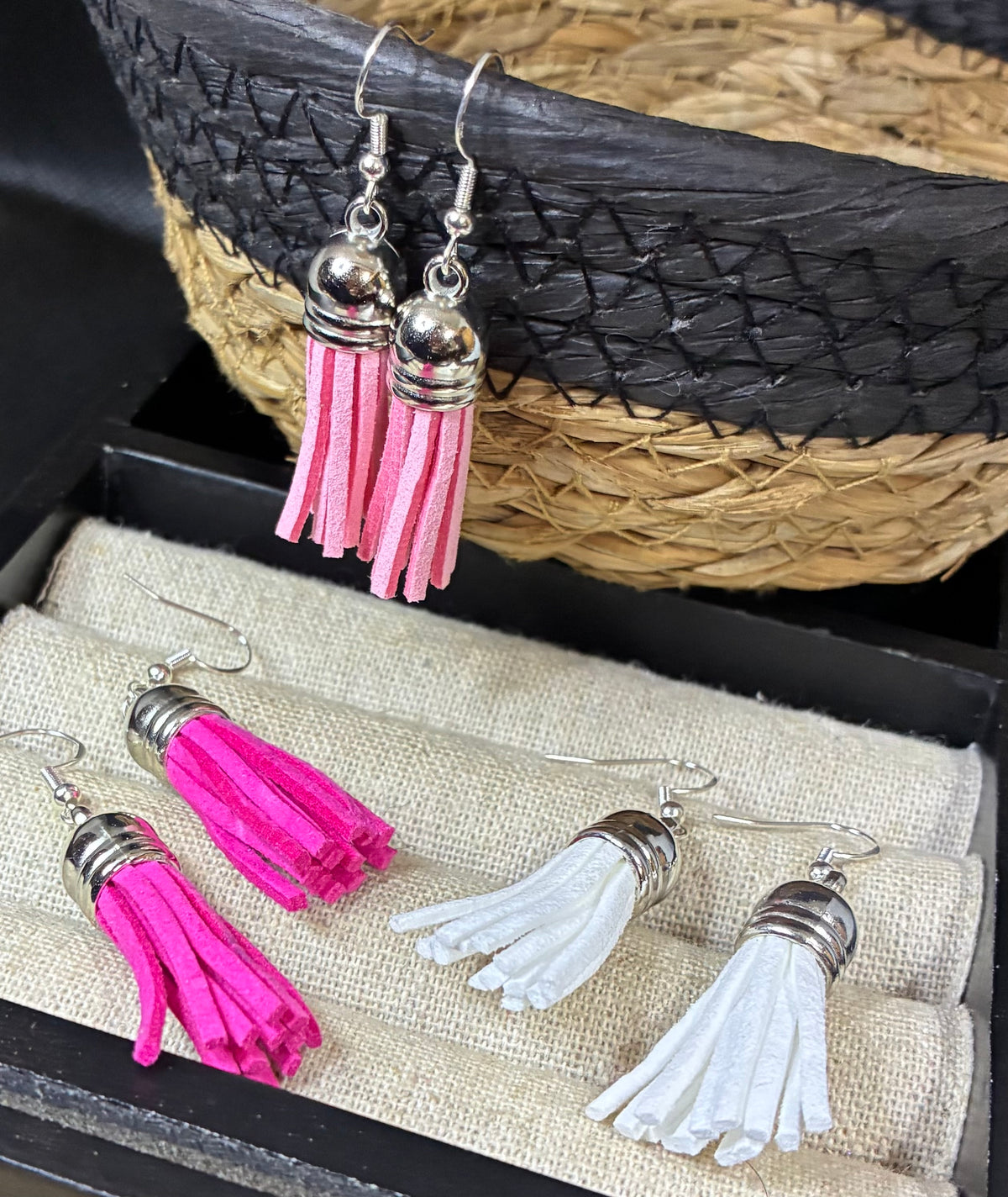 Pink & white tassel earring set