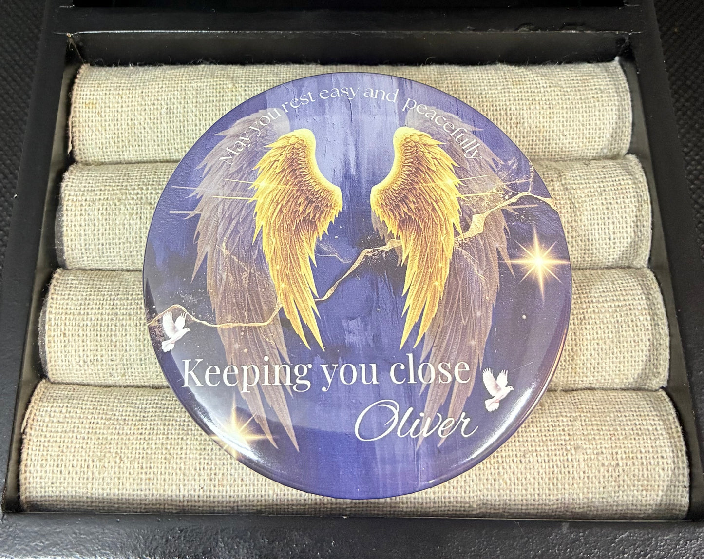 Blue and gold memorial funeral button