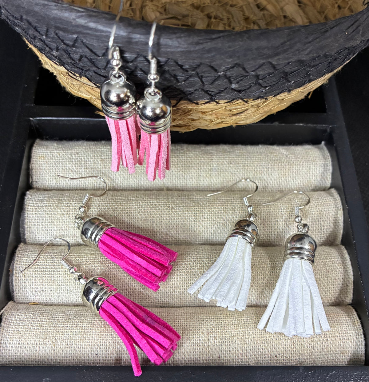 Pink & white tassel earring set