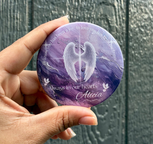 Purple and white memorial funeral button