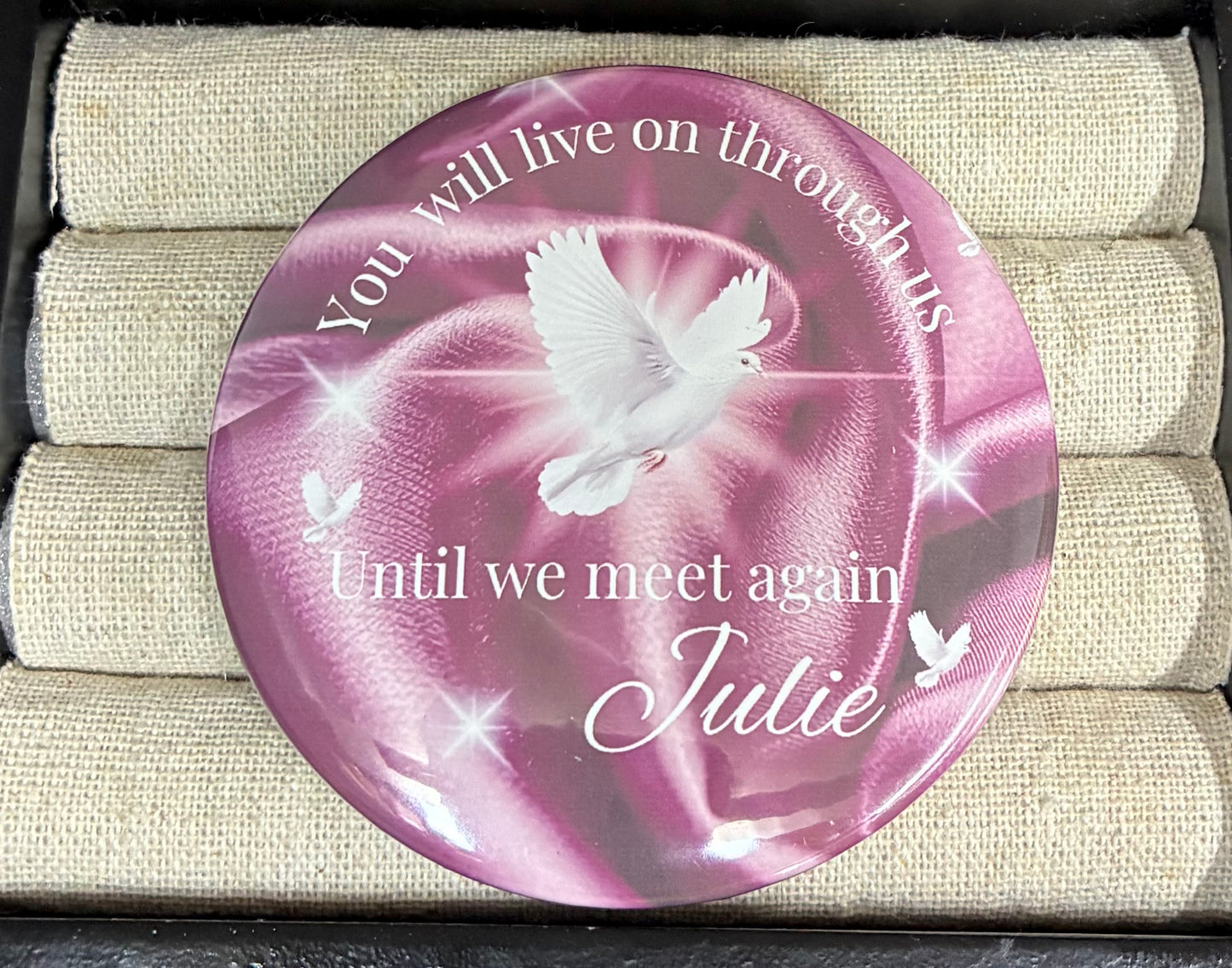 Burgundy memorial funeral button