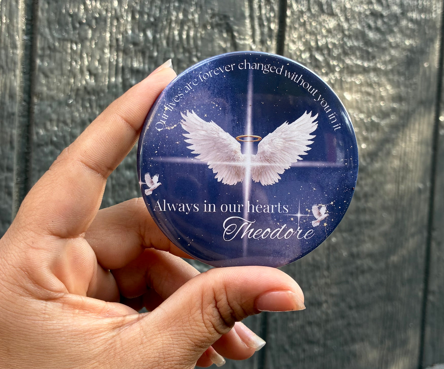 Blue and white memorial funeral button