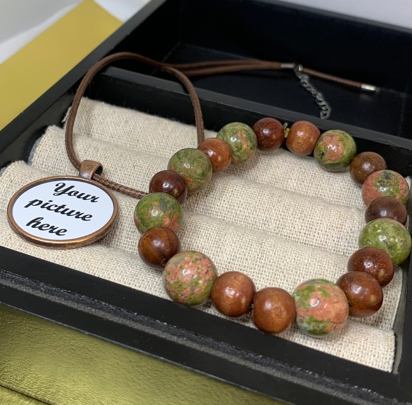 Copper pendant necklace & multicolored bracelet