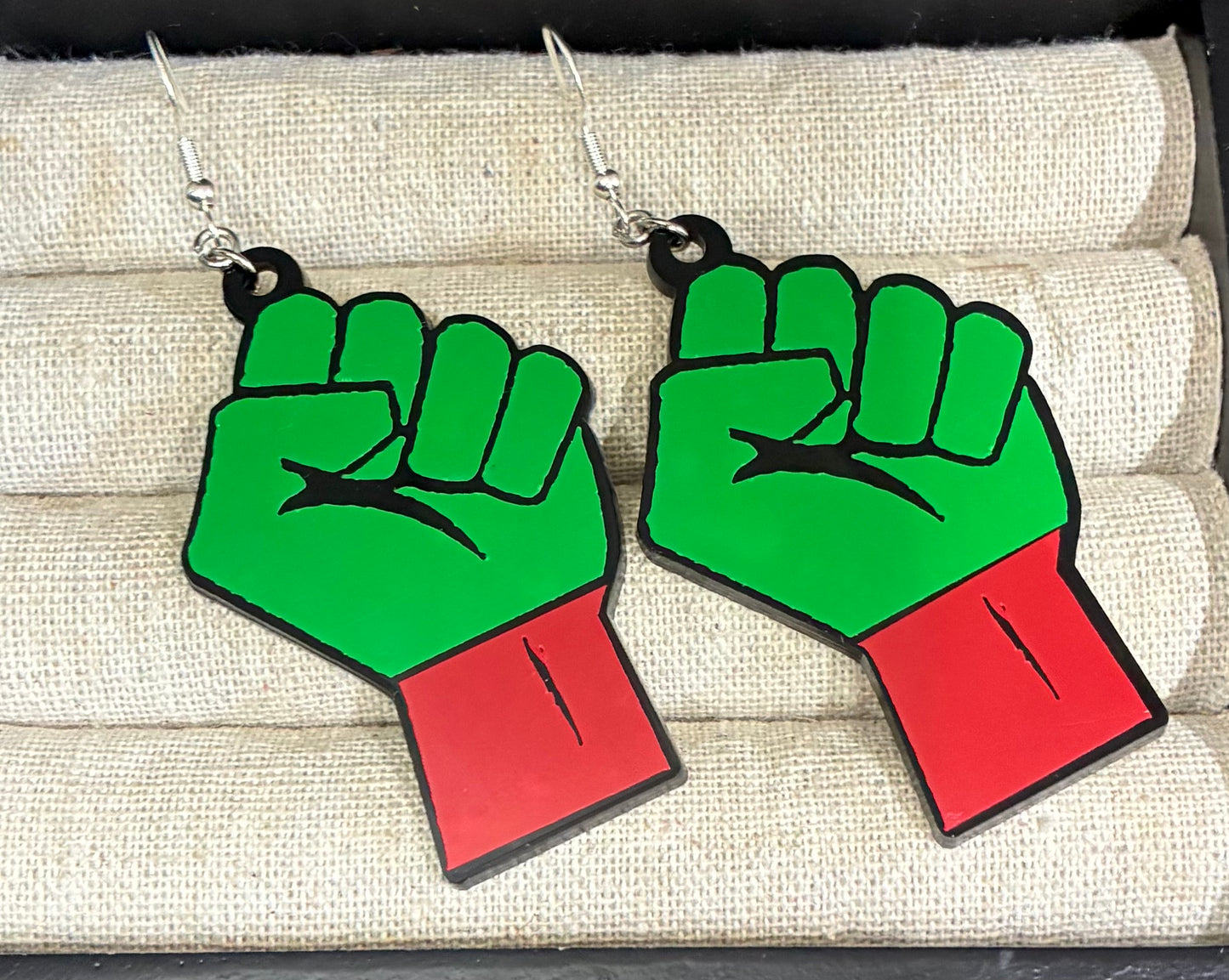 Green & black fist earrings