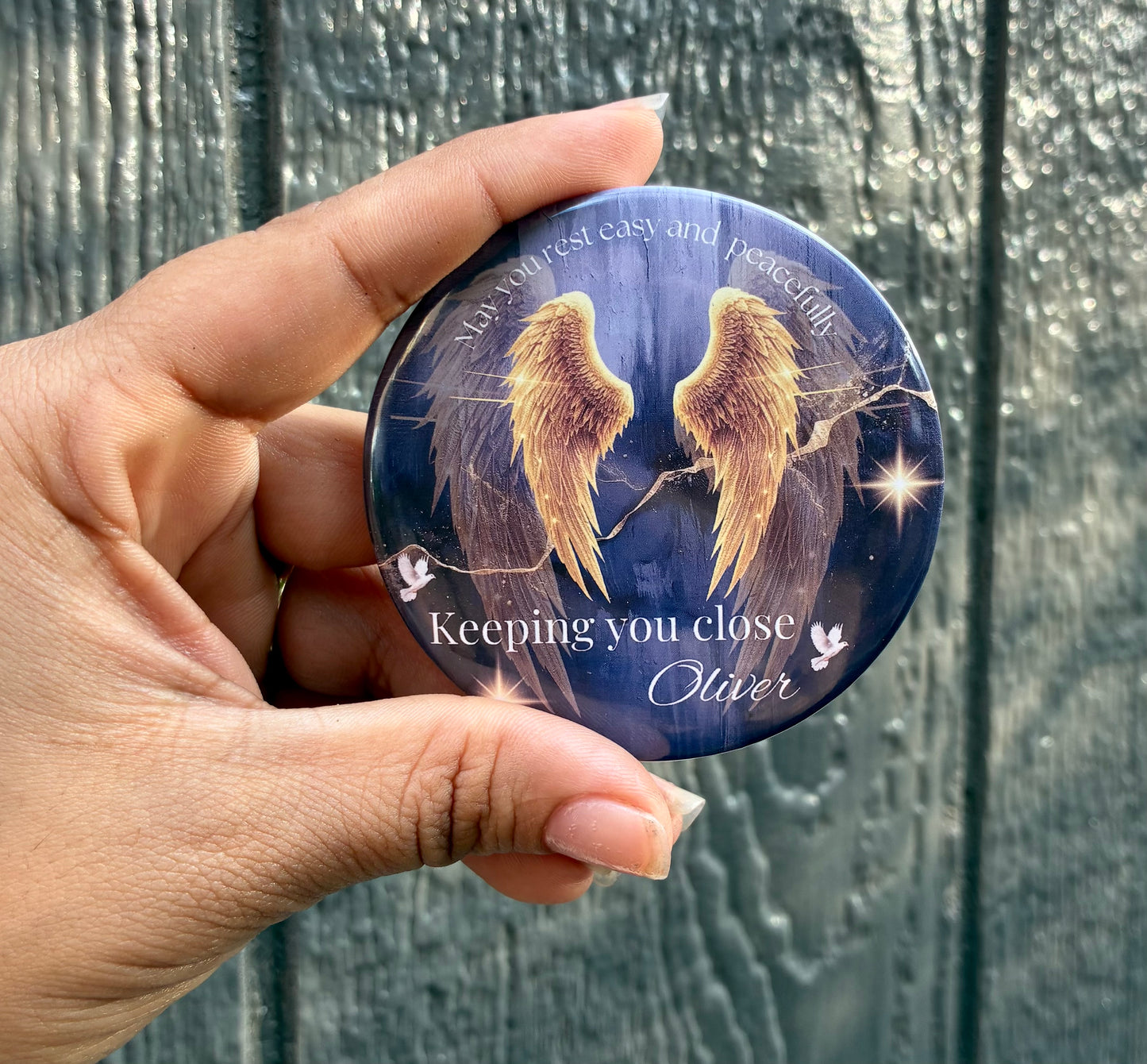 Blue and gold memorial funeral button