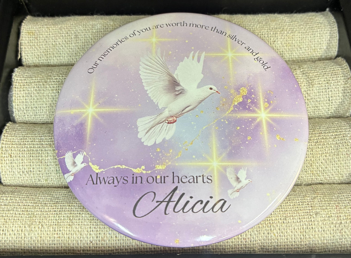 Purple and gold memorial funeral button