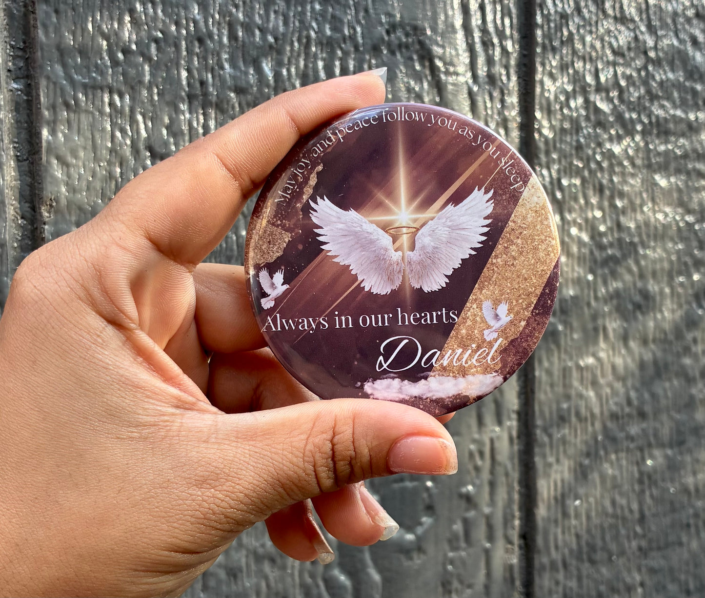 Brown and gold memorial funeral button