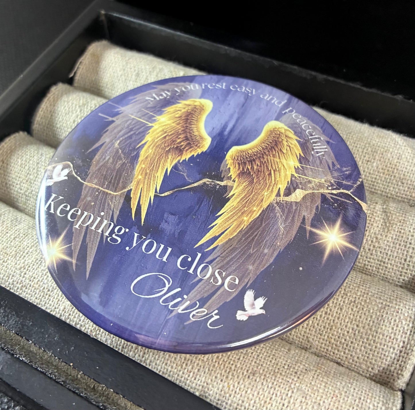 Blue and gold memorial funeral button